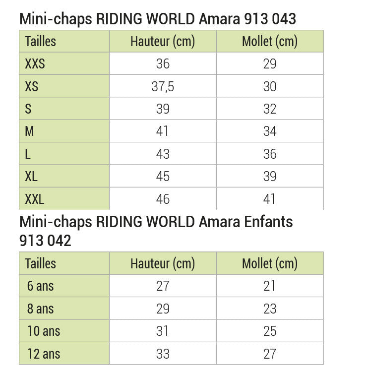 MINI-CHAPS RIDING WORLD AMARA, adulte ou enfant, 2 coloris